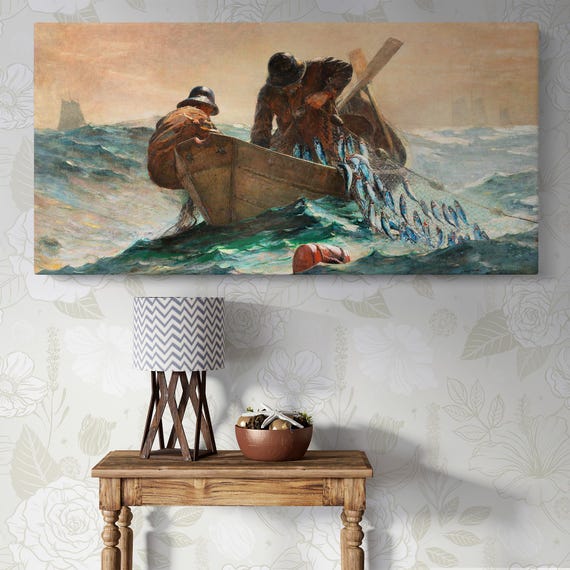 Art Mural Folklorique Fait Main - Thème Pêche Avec Canne Et Rame - Occasion (réparations Mineures)