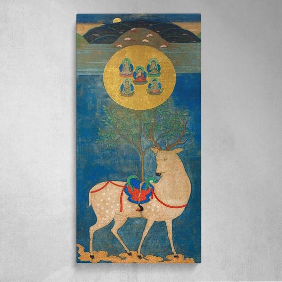 春日鹿曼荼羅 額入りキャンバス - 14世紀の日本の神聖な鹿の絵画、自然