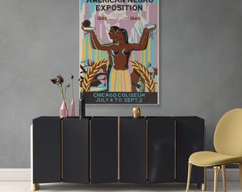 Impresión en lienzo vintage de la Exposición de Negros Americanos: póster de Chicago de 1940 de Robert Savon, arte piadoso de la historia negra para la decoración de la oficina o el estudio