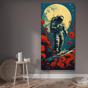 Astronaut Nature Canvas Print – Surreal Space Exploration Artwork with Flowers and Moon – Sci-Fi Wall Art for Home, Office, or Bedroom Decor