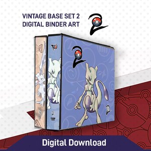 May include: A digital download for a Pokemon binder featuring a blue and white design with a Pokemon character on each side. The binder features the text "Vintage Base Set 2 Digital Binder Art" and the Pokemon logo.