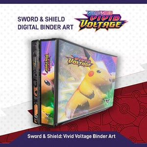 May include: Two black binders with a Pokemon Vivid Voltage theme. The binders feature a Pikachu illustration with a blue, purple, and yellow colour scheme. The text "SWORD SHIELD VIVID VOLTAGE" is printed on the front of the binders.