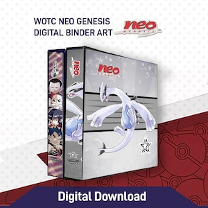 Puede incluir: Una descarga de arte de carpeta digital para el Juego de Cartas Coleccionables Pokémon con un Pokémon blanco y azul sobre un fondo blanco con estrellas. El texto "WOTC NEO GENESIS DIGITAL BINDER ART" y "neo genesis" está en la imagen.