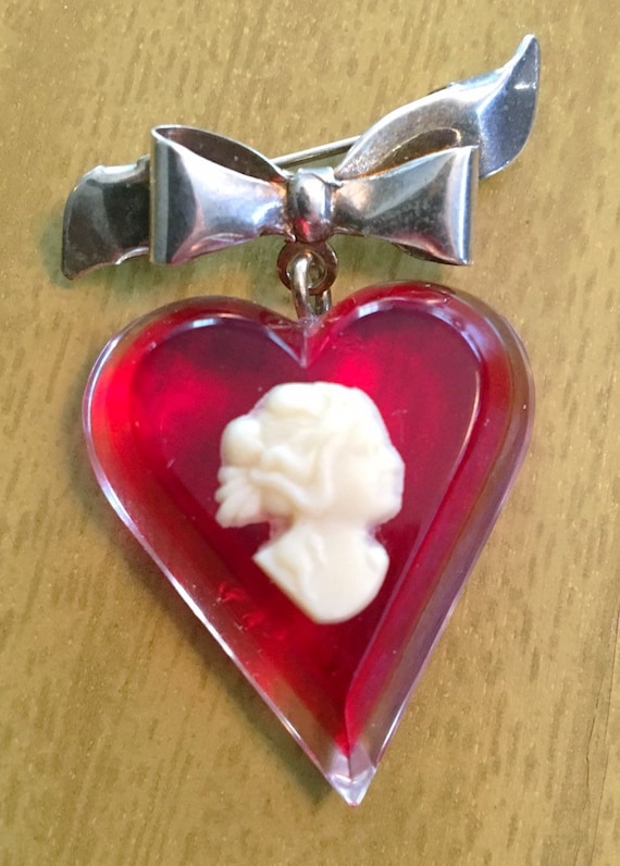 Cameo Lucite Red Heart With Sterling Bow Pin Brooc
