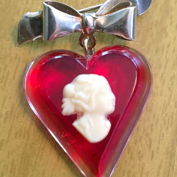 Cameo Lucite Red Heart With Sterling Bow Pin Brooch