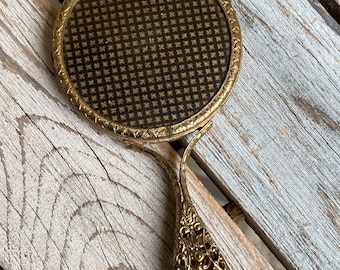 Mini Compact Handheld Filigree Brass Style Vanity Mirror