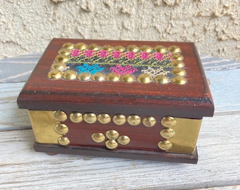 Brass Nailhead Wooden Trinket Jewelry Box With Fabric Embroidered Top