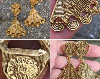 Signed Jose Barrera for AVON Large Goldtone Dangle Runway Egyptian Revival Fan Shaped Earrings