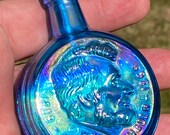 Vintage Wheaton Miniature Iridescent Abraham Lincoln Carnival Glass Blue Vase Bottle Decanter