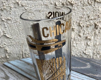 Chicago Illinois Souvenir HighBall Cocktail Glass MCM Gold and Black Painted