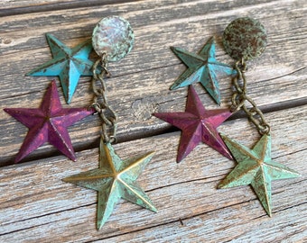 Boho Rustic Tin 3 Stars Dangle Earrings