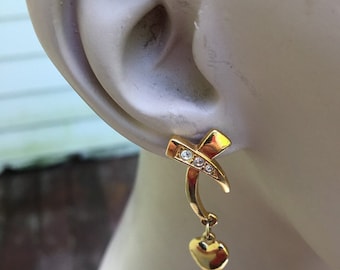 Signed Avon Gold Tone Paloma Picasso Style Earrings with Rhinestones and Dangling Hearts