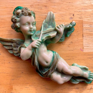 Curly Haired Cherub Angel With Green Patina Playing the Violin Wall Hanging Art Resin Sculpture
