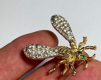 Kenneth Jay Lane KJL Signed Rhinestone Spring Fly Wings Bug Pin Brooch