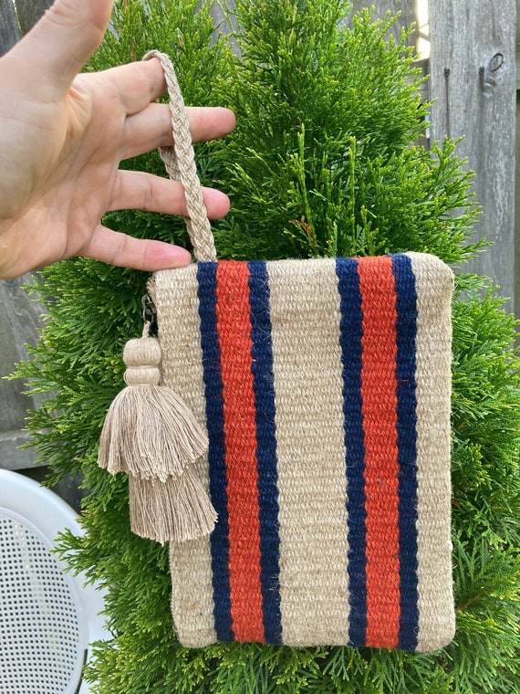 J Jill Jute Zip Striped Boho Clutch Wristlet Handbag With Large Fabric  Tassel -  Finland