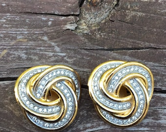 Signed Kenneth Lane Vintage Celtic Knot Rhinestone & Goldtone Entwined Infinity Bride Bridal Wedding Earrings