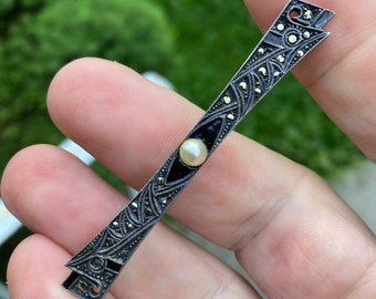 Victorian 850 Silver Marcasite and Onyx Mourning Brooch Pin With Pearl Center