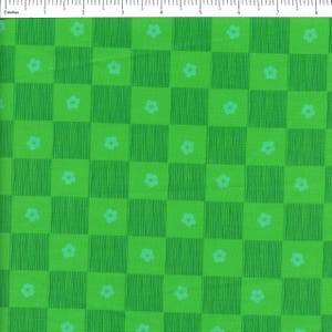 May include: Green fabric with a checkered pattern and small blue flowers. The fabric has a subtle striped texture.
