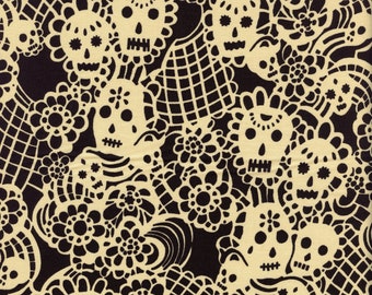 Folklorico Flora De Los Muertos in Tea and Black by Alexander Henry - Sold in Half Yard Increments