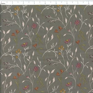 May include: A fabric with a repeating floral pattern. The design features delicate white vines with small leaves and various flowers in shades of orange, yellow, and purple, set against a muted green background.