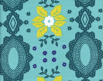 Sold by the Half Yard - Nathalie Lete Folk Heart Flocked Small in Aqua for Conservatory Craft by Free Spirit Fabrics