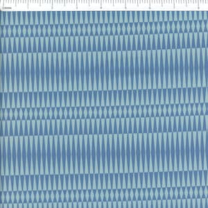 May include: A blue fabric with a repeating geometric pattern of light and dark blue diamond shapes. The pattern is arranged in vertical rows, creating a textured appearance. The fabric is suitable for various sewing projects.