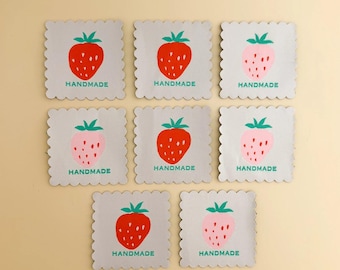 Minki Kim Premium Woven Labels - Scalloped Strawberry - 8 Labels to a Pack