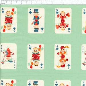 May include: A repeating pattern of playing cards with cat-like characters on a light green background. The cards feature various suits and face cards, including Kings, Queens, and Jokers. The design incorporates red, blue, and orange colors.