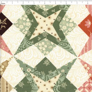 May include: Close-up of a patchwork quilt with a starburst design. The quilt features various fabrics in cream, green, brown, and pink. The starburst pattern is created with diamond and triangle shapes, and floral and paisley patterns.
