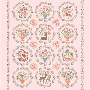 May include: A pink background with a repeating pattern of floral wreaths. Each wreath contains a different image, including a deer, a squirrel, a bird, and a rabbit. The wreaths are surrounded by a border of small flowers and leaves.