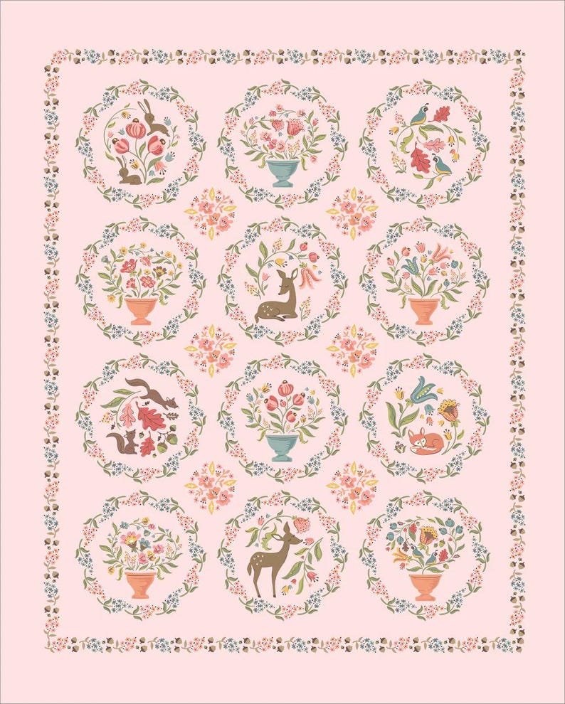 May include: A pink background with a repeating pattern of floral wreaths. Each wreath contains a different image, including a deer, a squirrel, a bird, and a rabbit. The wreaths are surrounded by a border of small flowers and leaves.