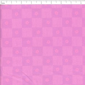 May include: A pink fabric with a checkered pattern. Each square has a lighter pink background and a darker pink flower in the center. The fabric is marked with an inch ruler.