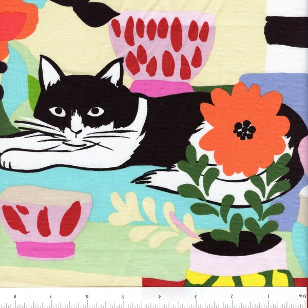 Sold by the Half Yard - Wish You Were Here Henri's Cat in Natural/Bright Pink by Alexander Henry