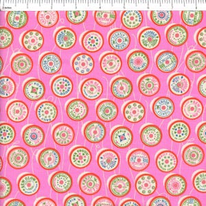 May include: Pink fabric with a repeating pattern of vintage-style thread spools. Each spool is a circle with red, green, and white details, and text such as "Love You" and "Daily Thread".