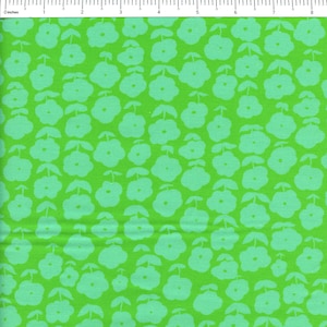 May include: Green fabric with a repeating pattern of light green stylized flowers. The flowers have a simple, rounded shape and are arranged in a staggered pattern.