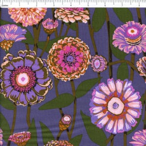 May include: A fabric pattern featuring large, stylized flowers in shades of purple, pink, and orange against a muted blue background. Green leaves and stems weave through the floral arrangement, creating a vibrant and colorful design.