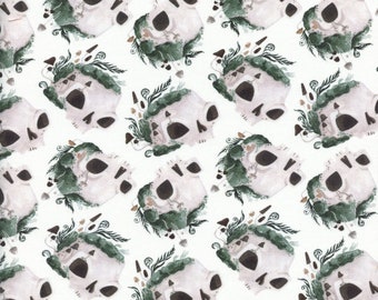 Sold by the Half Yard - Goblincore Mossy Skulls in White by Rae Ritchie for Dear Stella Fabrics