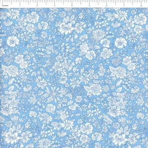 May include: Light blue fabric with a dense pattern of white floral designs. The flowers vary in size and shape, creating a delicate and intricate overall texture. The fabric appears to be cotton or a similar material, suitable for quilting or crafting projects.