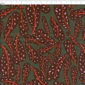 May include: Fabric with a repeating pattern of stylized brown leaves with orange veins and pink polka dots. The leaves are set against a dark green background. The design is a bold, modern take on a botanical theme.