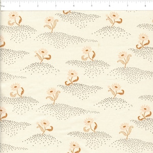 May include: A cream-colored fabric with a repeating pattern of small brown dots, stylized pink flowers, and brown stems. The flowers are arranged in a scattered pattern on a background of small brown dots.