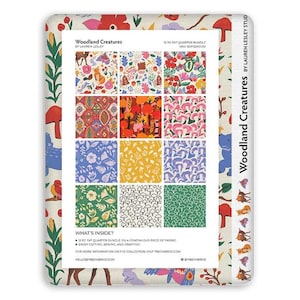 May include: A 12-piece fat quarter fabric bundle titled Woodland Creatures by Lauren Lesley. The collection features twelve distinct squares with colorful patterns of animals, mushrooms, flowers, and foliage in red, yellow, blue, and green tones.