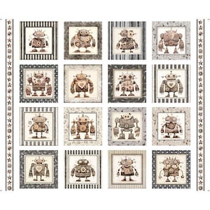 May include: A fabric panel featuring sixteen framed robot illustrations. Each robot is unique, with gears, hearts, and other details. The robots are in shades of brown, gray, and beige, set against various patterned backgrounds.