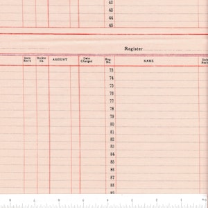 May include: A vintage-style register book with a pink paper background and red lines. The book has columns for date received, holder number, amount, date charged, register number, name, and date received. The numbers 73 through 89 are listed in the register number column.