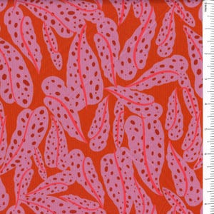 May include: Fabric with a repeating pattern of pink, dotted leaf shapes on a bright orange background. The leaves have a darker pink outline and are arranged in a dense, overlapping design. The fabric is likely cotton or a similar material.