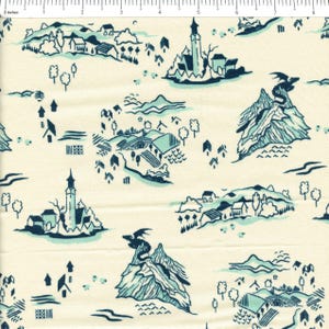 May include: A cream-colored fabric featuring a repeating pattern of dark blue and teal illustrations depicting mountains, small villages, and dragons perched on peaks. A ruler at the top shows a scale of 8 inches across the width of the textile.