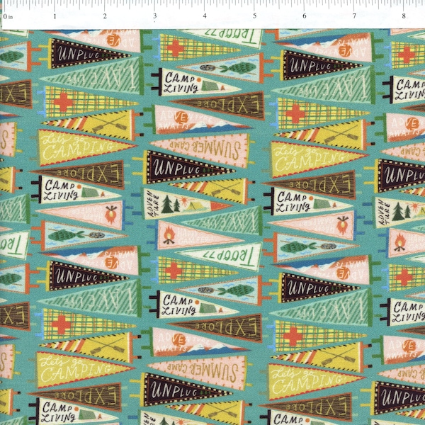 Sold by the Half Yard - Gone Camping Pennants in Turquoise by Faye Guanipa for Dear Stella Fabrics