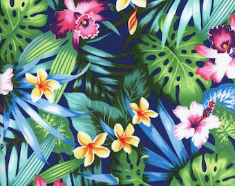 Tropical Flowers Hawaiian Print Fabric in Navy Blue