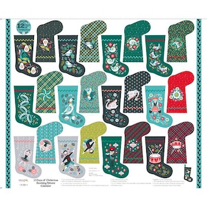 May include: A fabric panel featuring the 12 Days of Christmas Stocking Advent Calendar. The design includes twenty-four individual stocking shapes with various holiday illustrations, including birds, dancers, and musical instruments, on a white background.