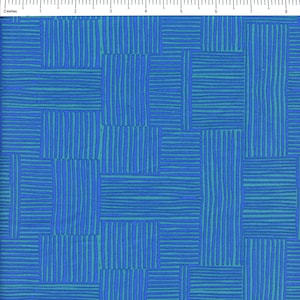 May include: A blue and teal fabric with a geometric pattern of overlapping horizontal lines. The lines are drawn in a hand-drawn style.