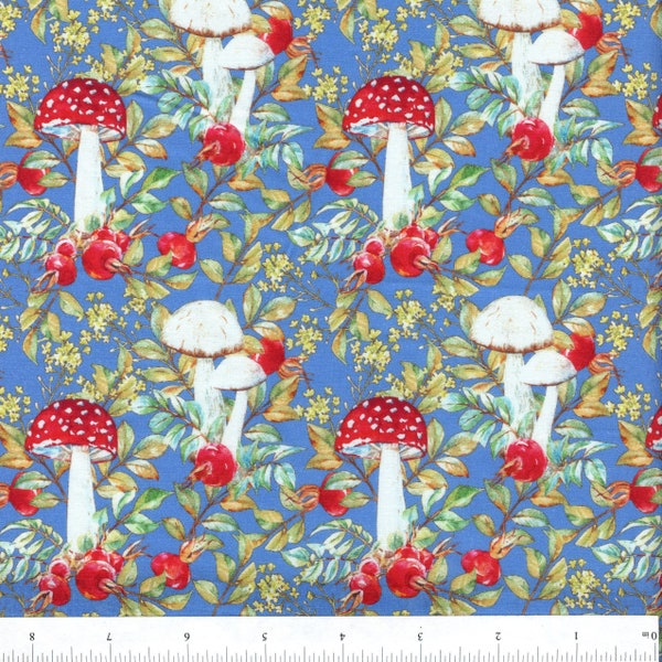 Sold by the Half Yard - Hedgehog Hollow Mushrooms in Blue by In the Beginning Fabrics